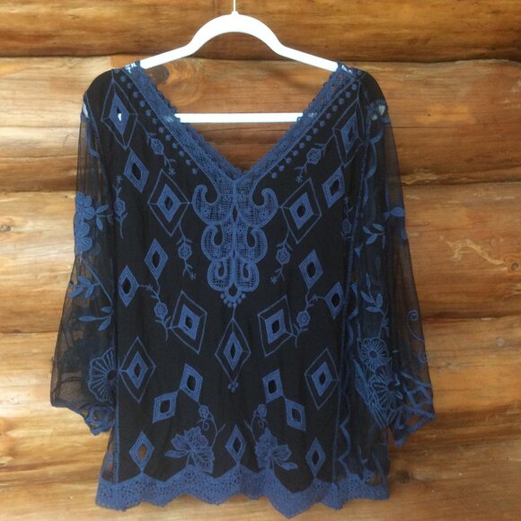 Coco + Carmen Black Mesh Blue Embroidered Crochet Detail Boho Pullover Size L/XL - Picture 2 of 3